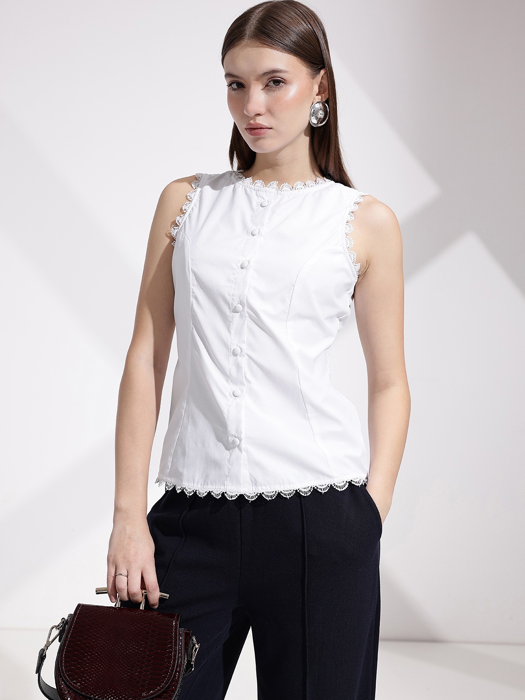 

her by invictus Lace Insert Detailed Top, White