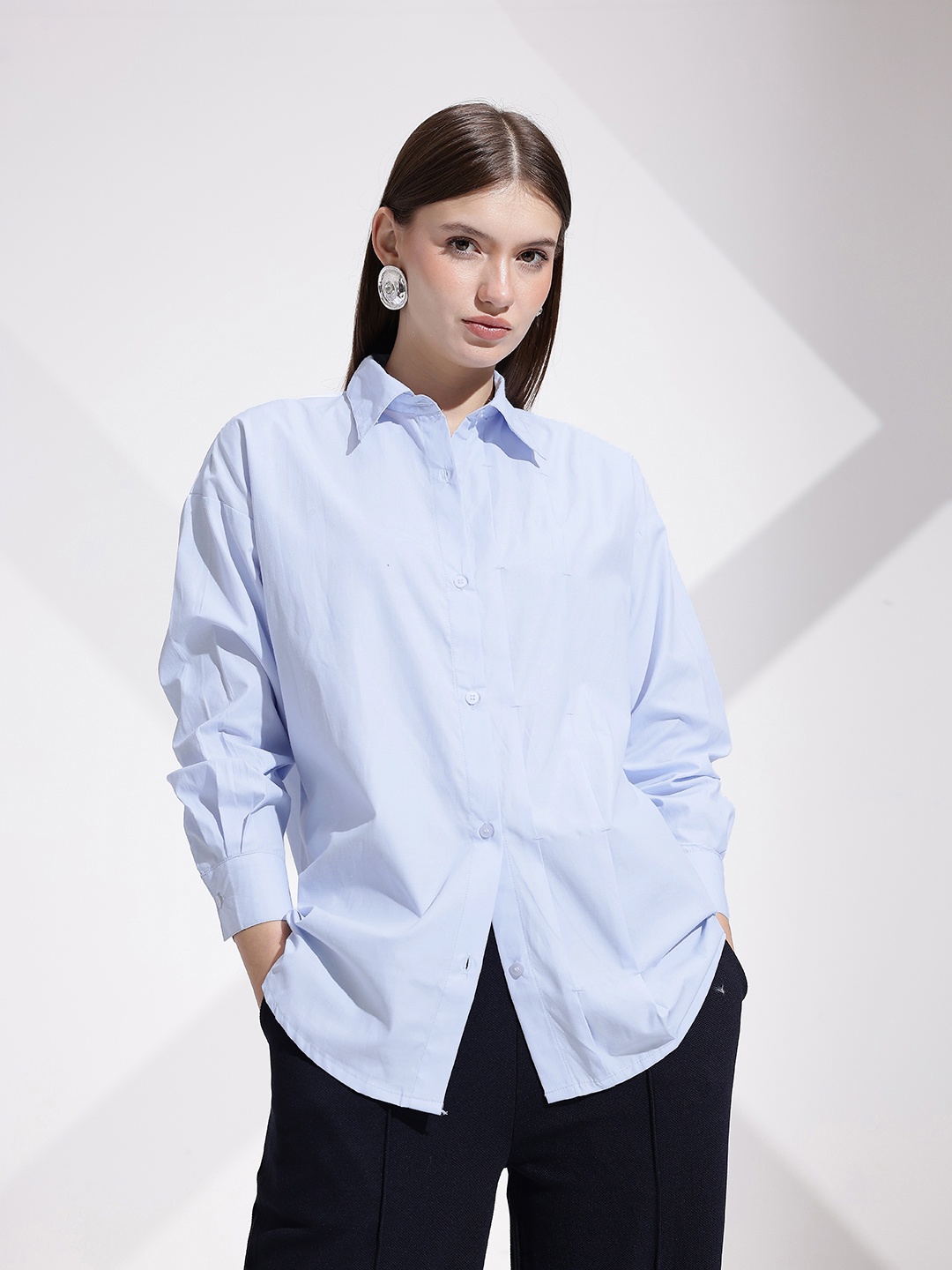 

her by invictus Relaxed Fit Drop-Shoulder Sleeves Casual Shirt, Blue