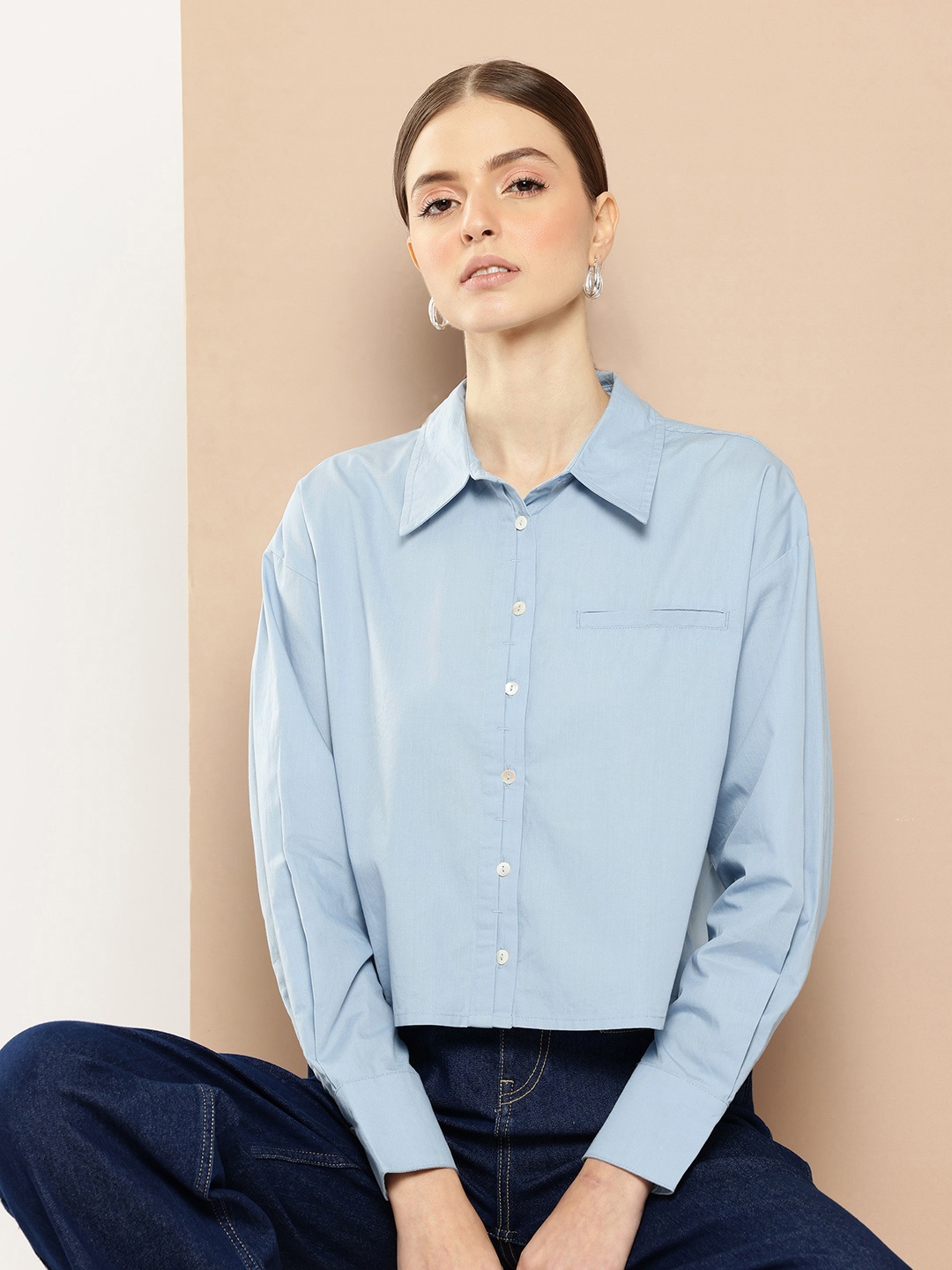 

her by invictus Drop-Shoulder Pure Cotton Shirt, Blue