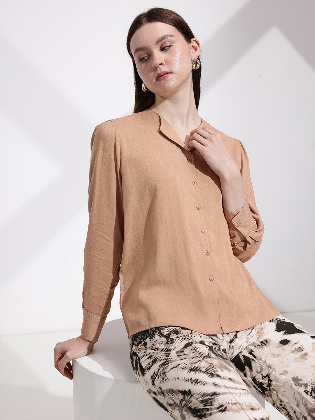 

her by invictus Collarless Casual Shirt, Beige