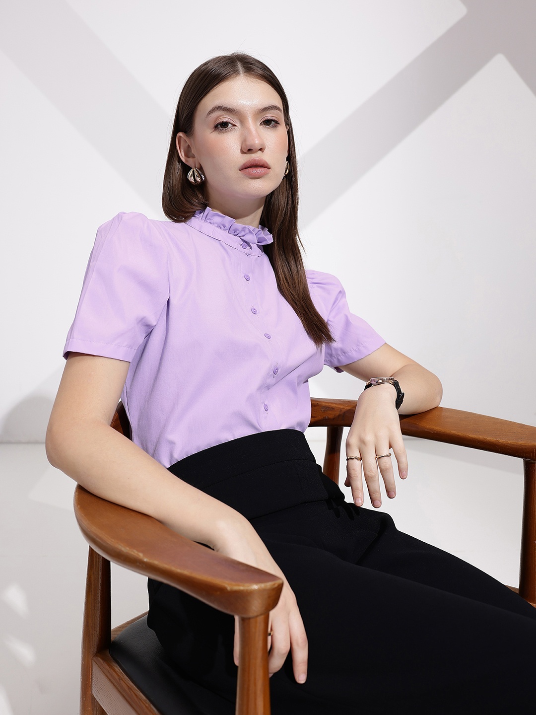 

her by invictus Band Collar Ruffle Casual Shirt, Lavender