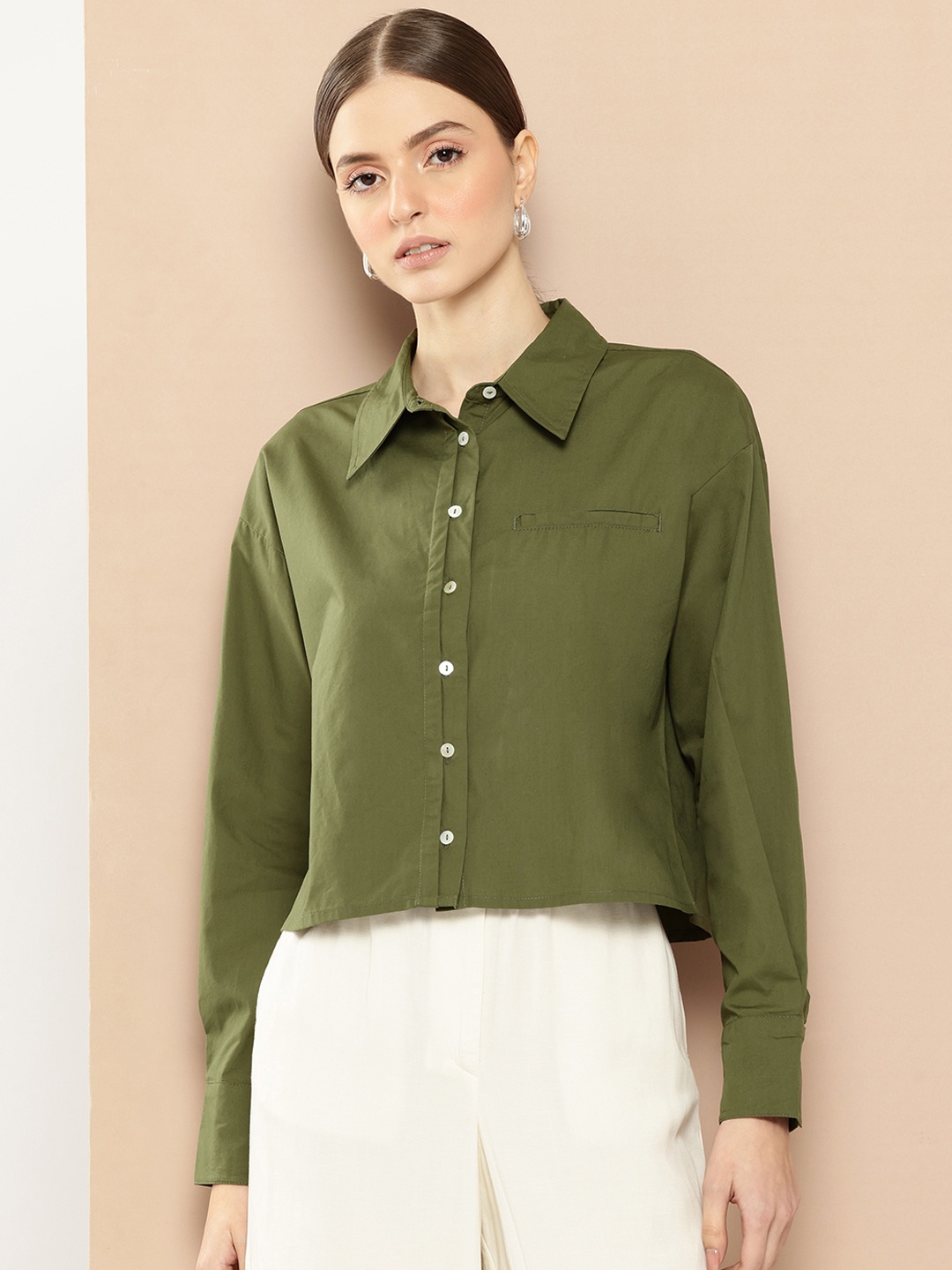 

her by invictus Drop-Shoulder Pure Cotton Casual Shirt, Olive