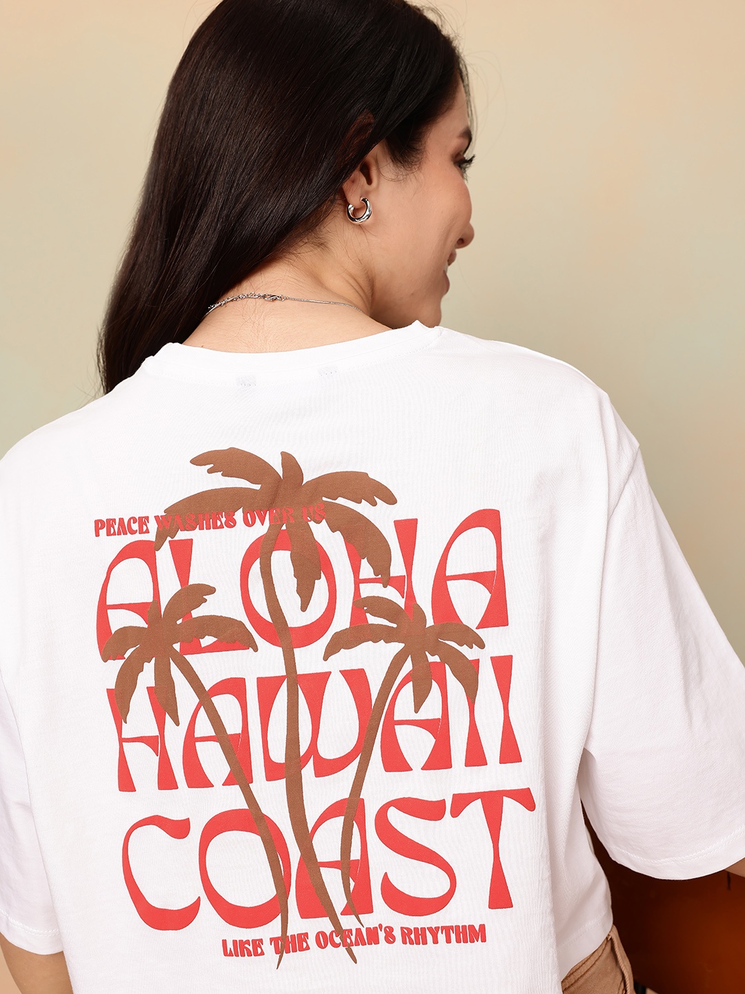 

Mast & Harbour Graphic Printed Drop-Shoulder Sleeves Pure Cotton Boxy T-shirt, White