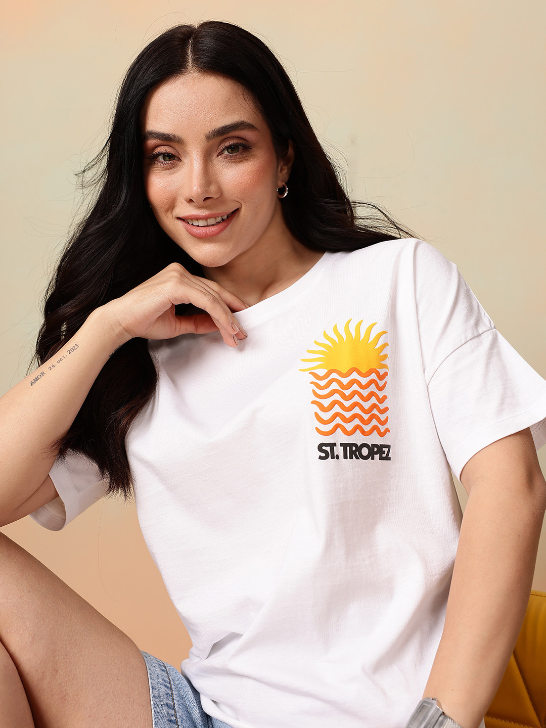 

Mast & Harbour Graphic Printed Extended Sleeves Pure Cotton T-shirt, White