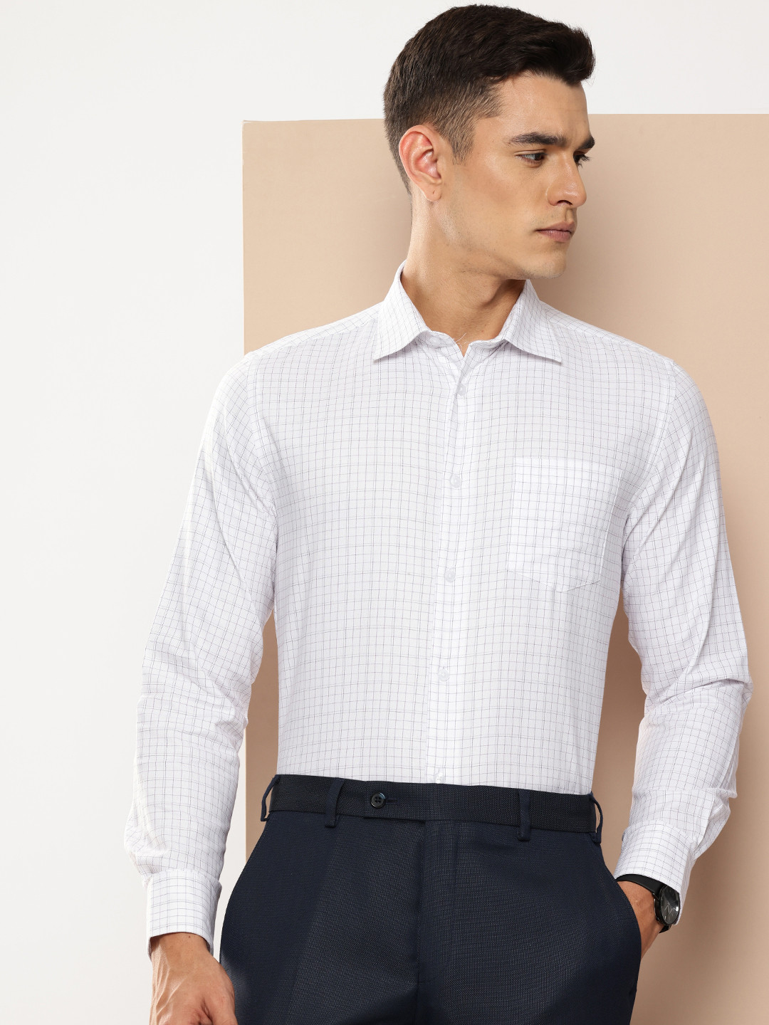 

INVICTUS Pure Cotton Slim Fit Checked Formal Shirt, White