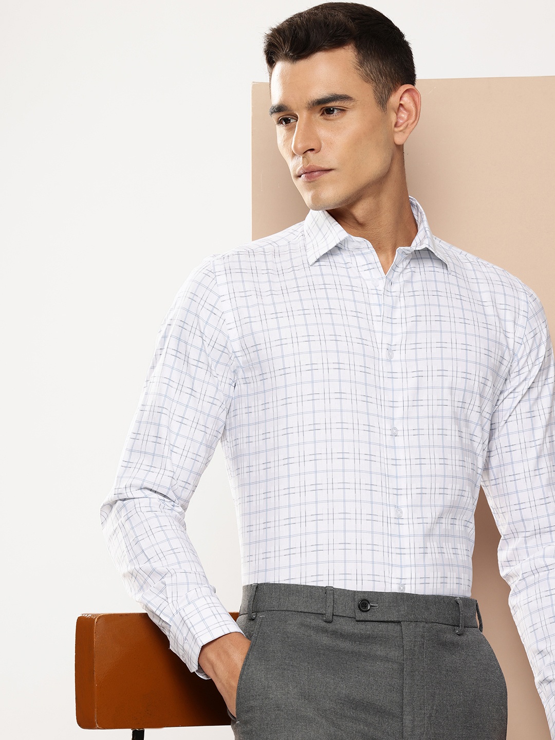 

INVICTUS Pure Cotton Slim Fit Opaque Checked Formal Shirt, White