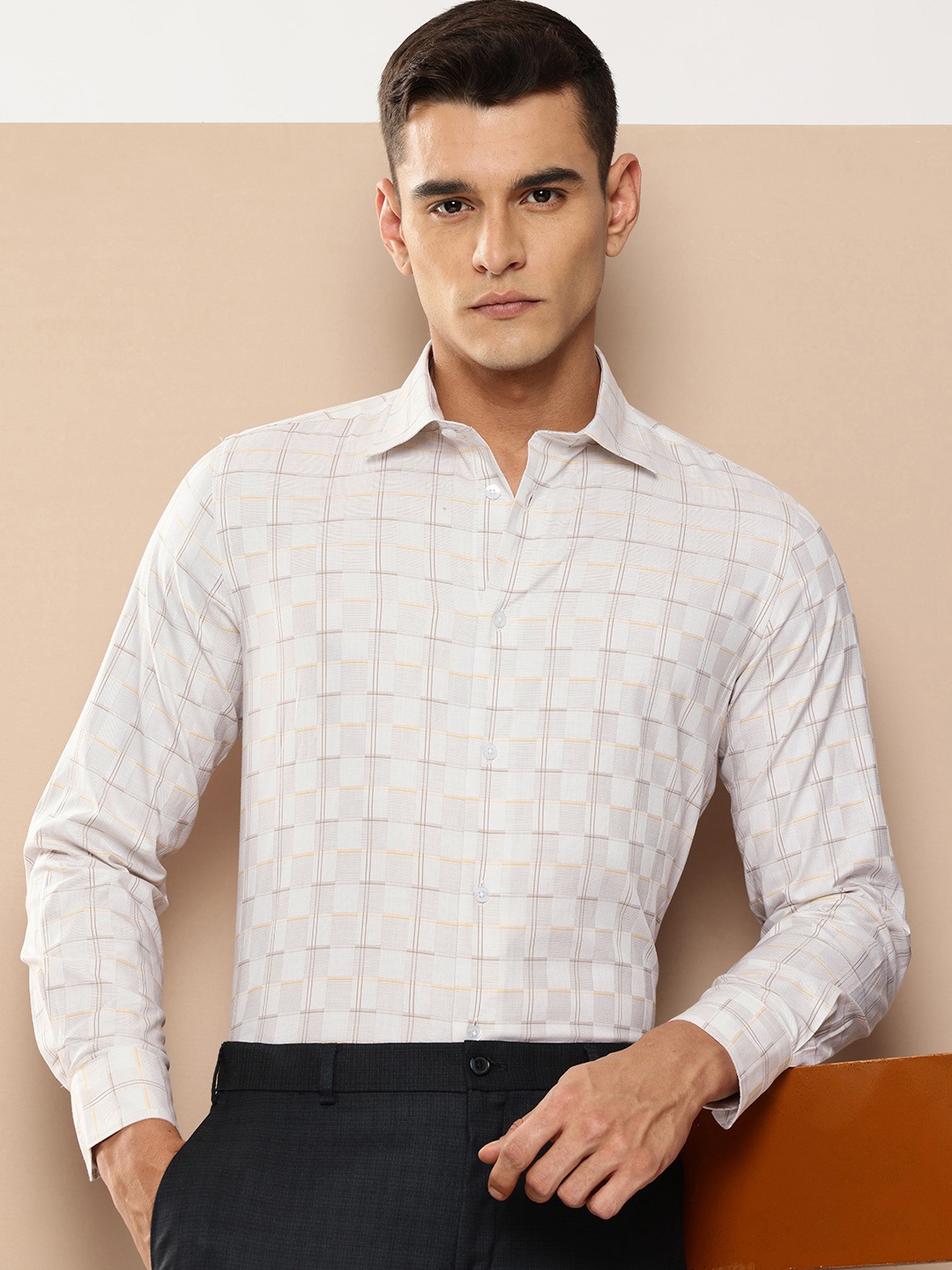 

INVICTUS Slim Fit Opaque Checked Pure Cotton Formal Shirt, Beige