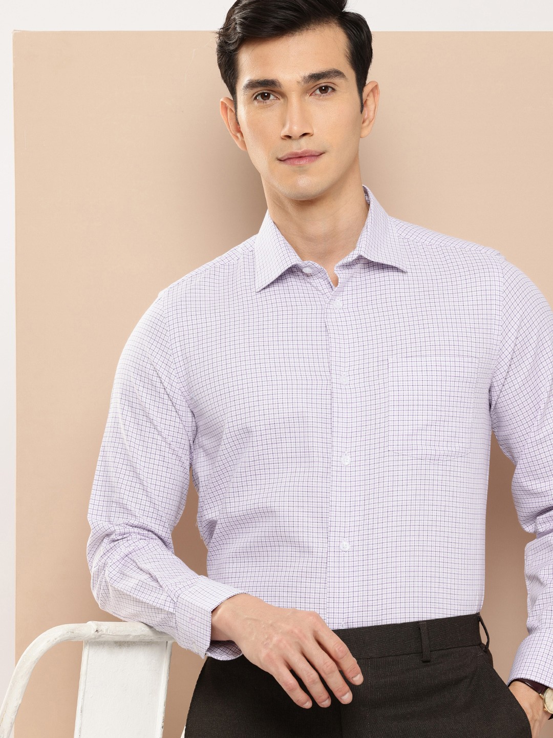

INVICTUS Pure Cotton Slim Fit Opaque Checked Semiformal Shirt, Purple