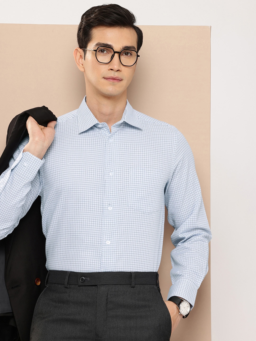 

INVICTUS Pure Cotton Slim Fit Checked Formal Shirt, Blue