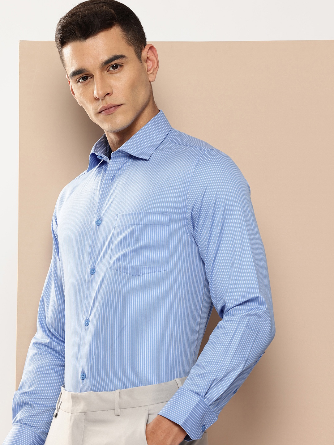 

INVICTUS Slim Fit Opaque Striped Pure Cotton Formal Shirt, Blue