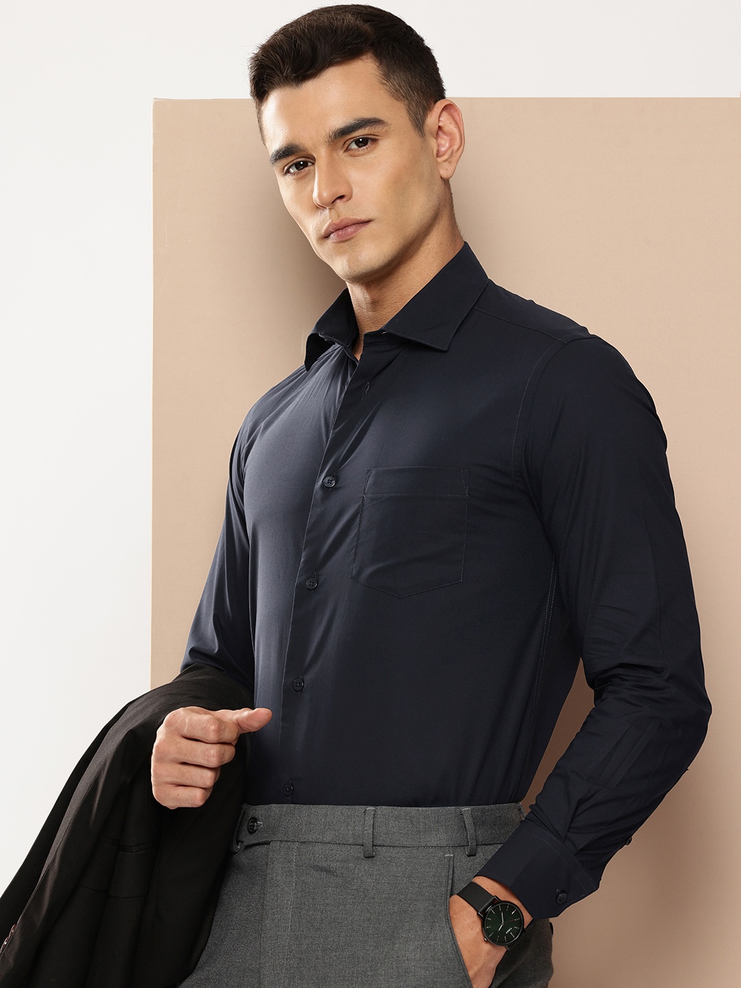 

INVICTUS Pure Cotton Slim Fit Opaque Formal Shirt, Navy blue