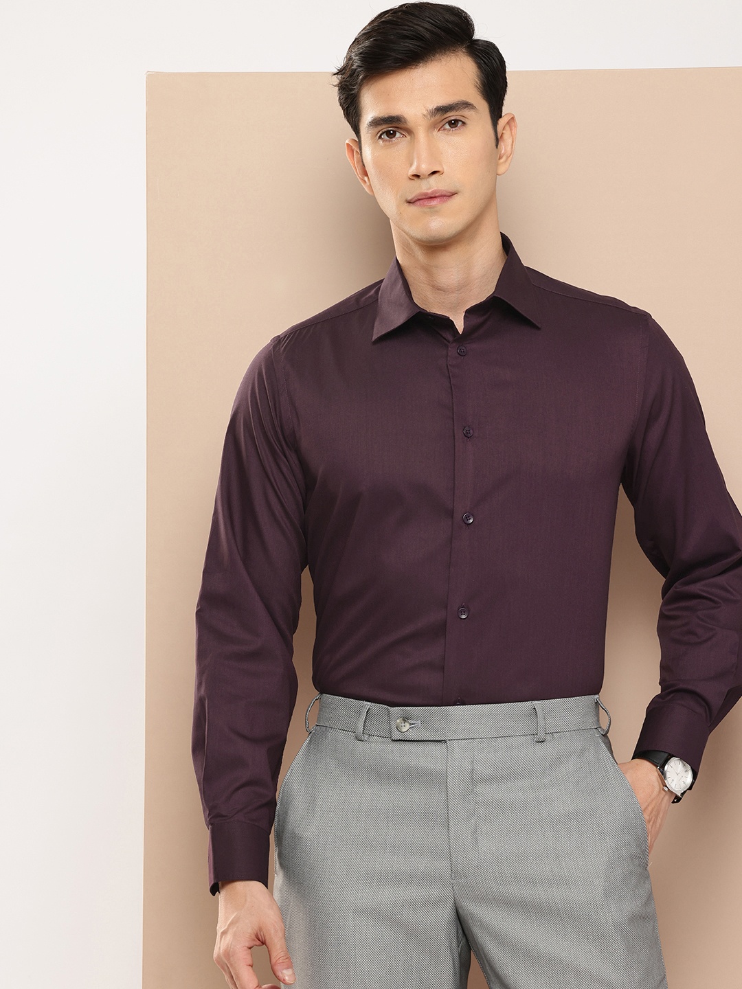 

INVICTUS Pure Cotton Slim Fit Opaque Formal Shirt, Burgundy