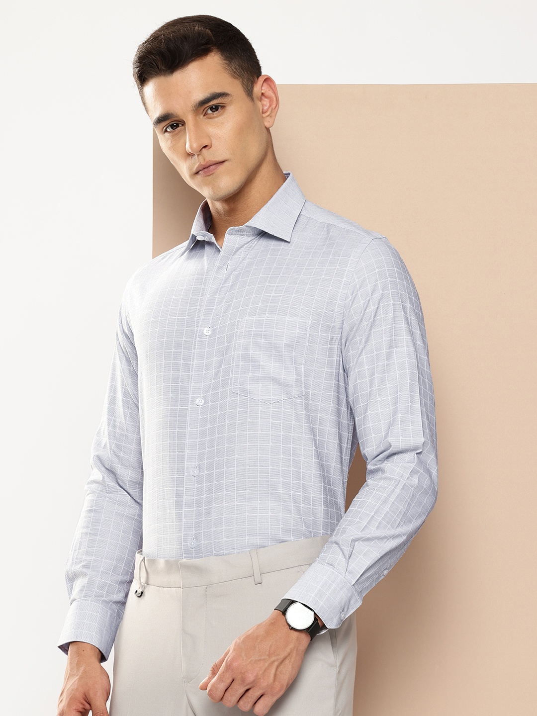 

INVICTUS Slim Fit Opaque Checked Pure Cotton Formal Shirt, Grey