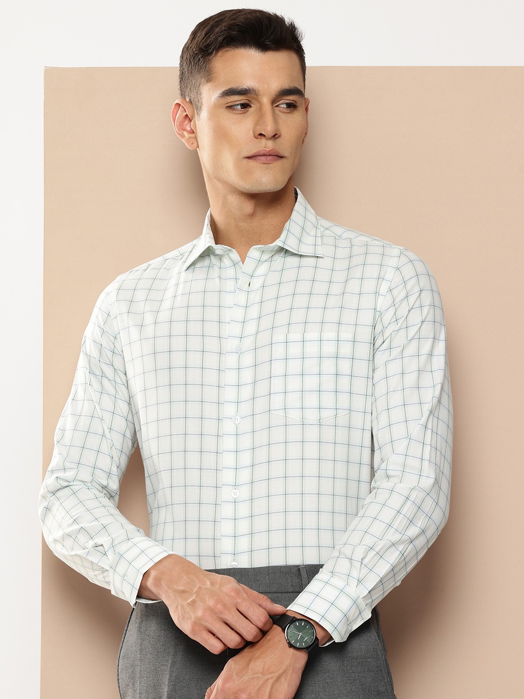 

INVICTUS Pure Cotton Slim Fit Checked Formal Shirt, Sea green