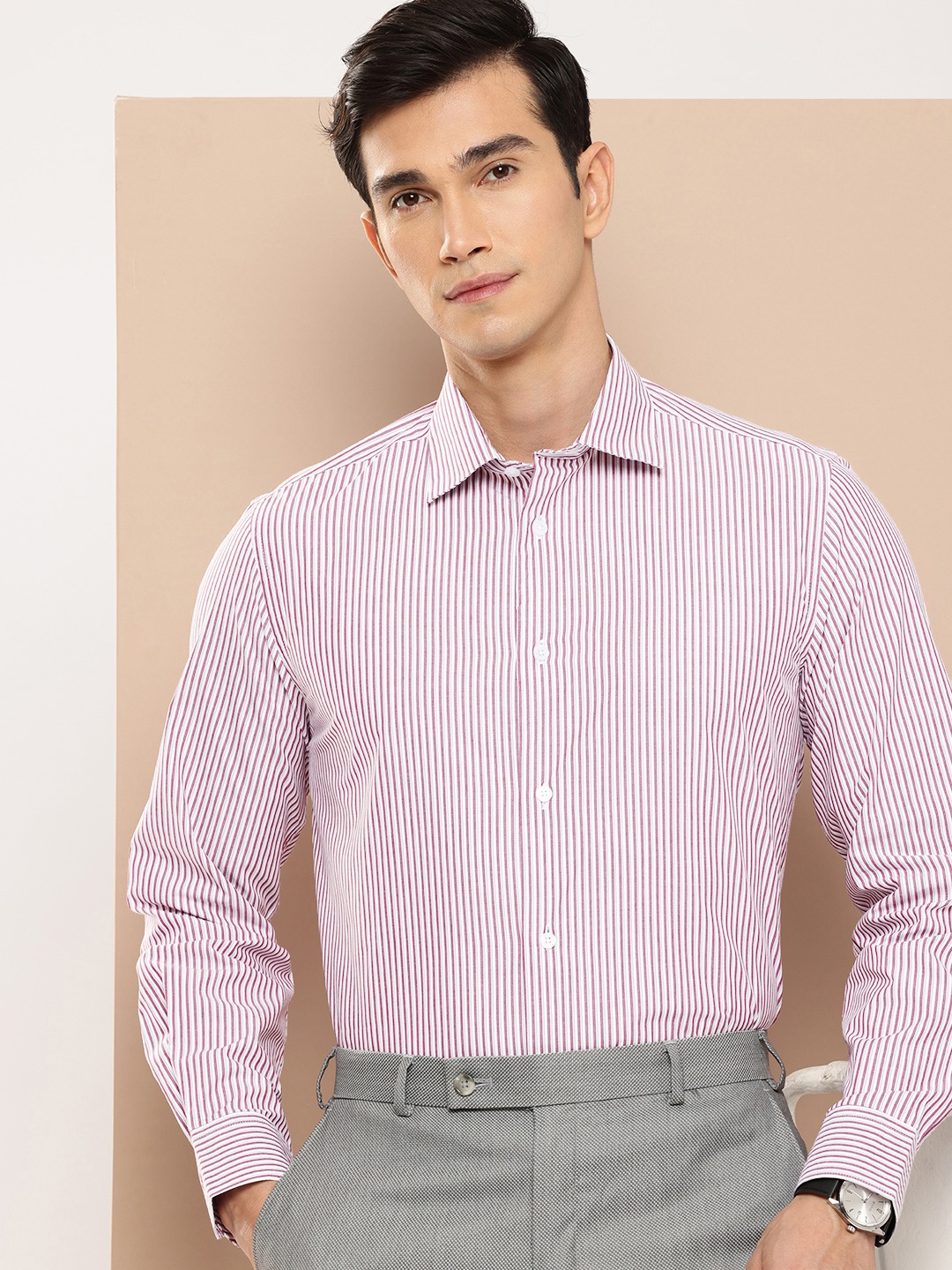 

INVICTUS Pure Cotton Slim Fit Opaque Striped Semiformal Shirt, Purple