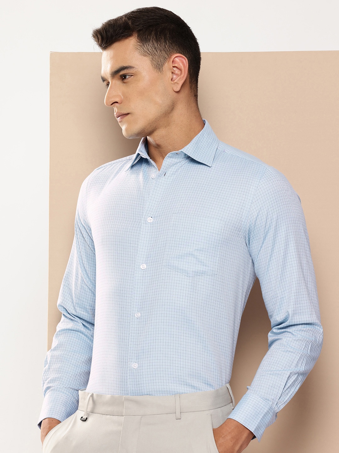 

INVICTUS Slim Fit Micro Checks Opaque Pure Cotton Formal Shirt, Blue