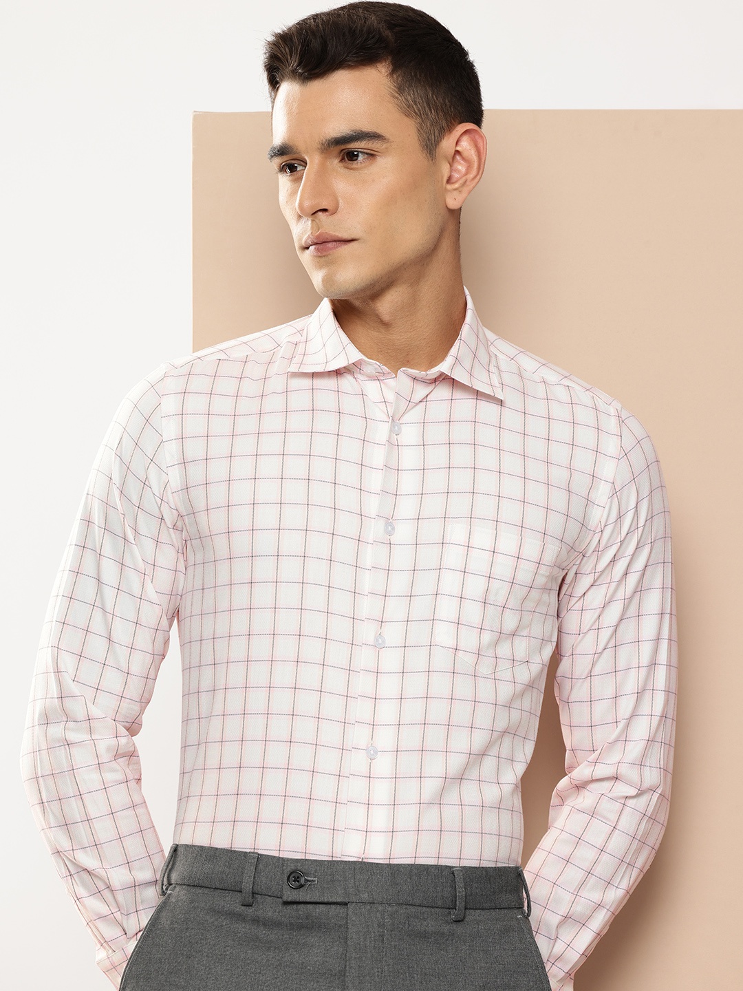 

INVICTUS Pure Cotton Slim Fit Checked Formal Shirt, Pink