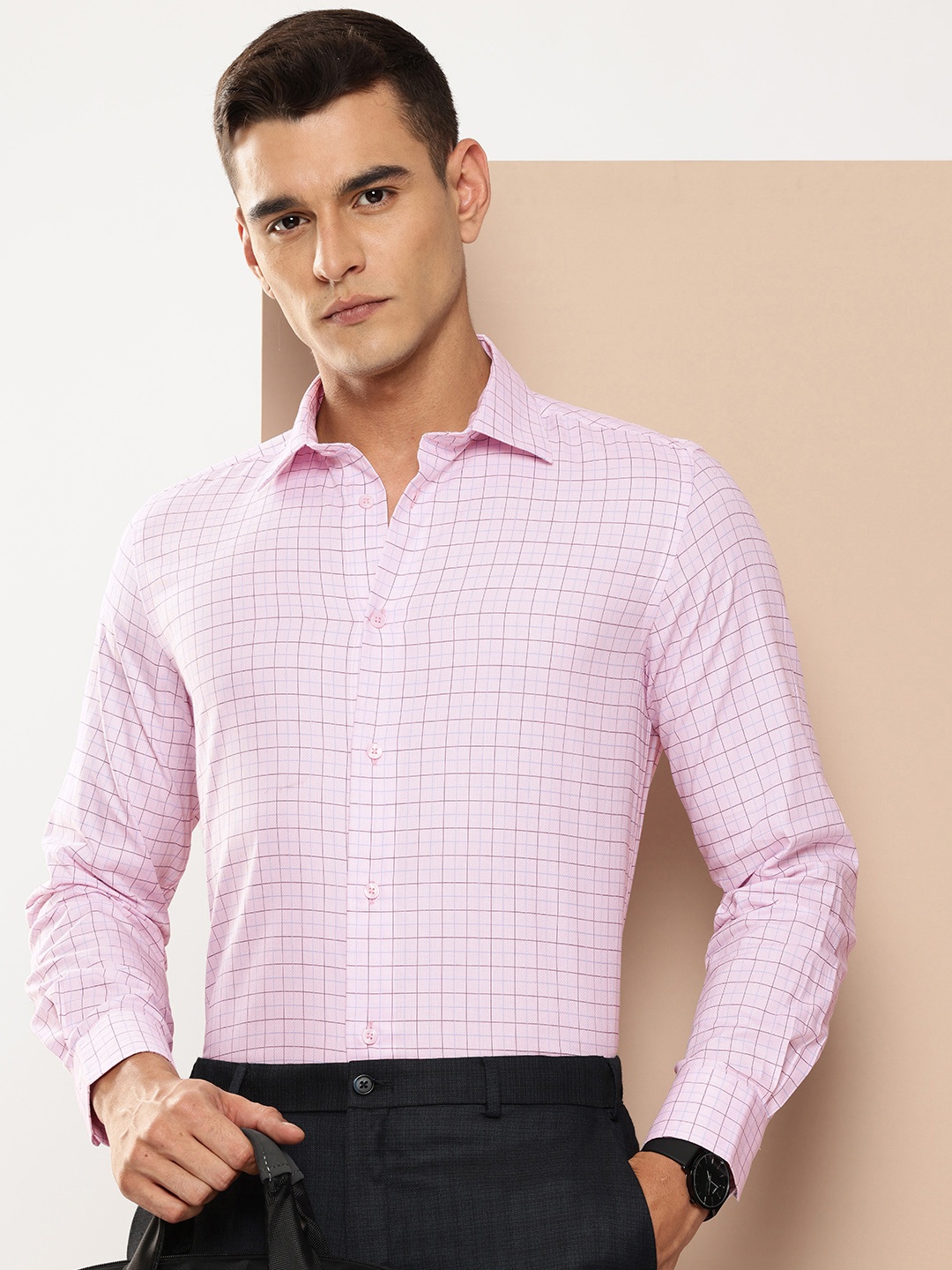 

INVICTUS Slim Fit Opaque Checked Pure Cotton Formal Shirt, Pink