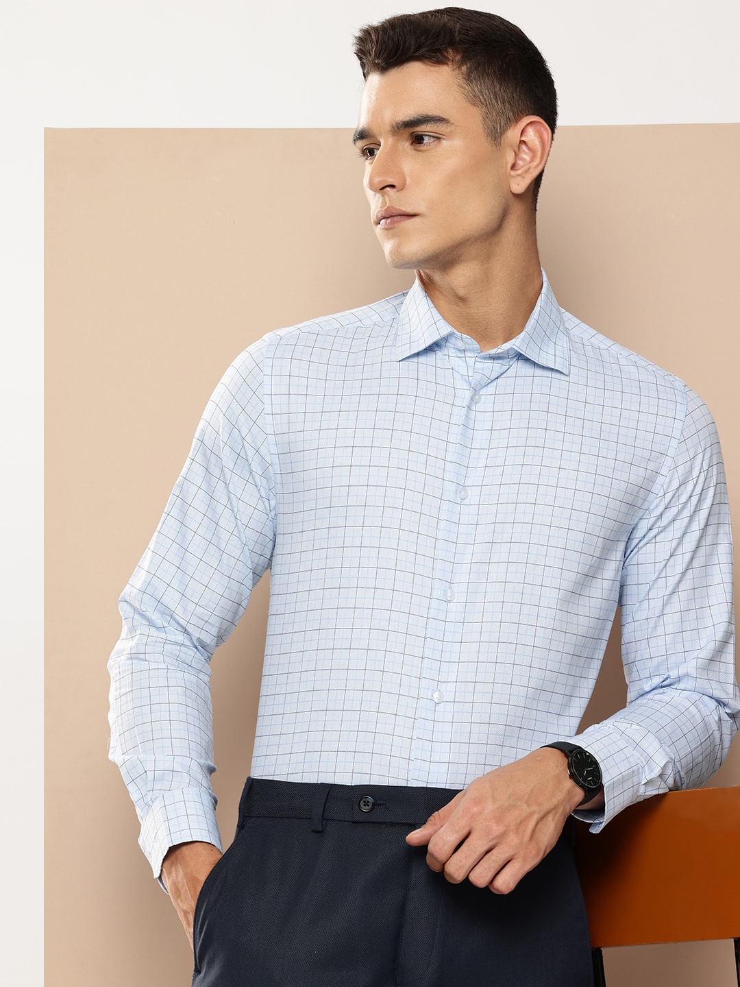 

INVICTUS Pure Cotton Slim Fit Checked Formal Shirt, Blue