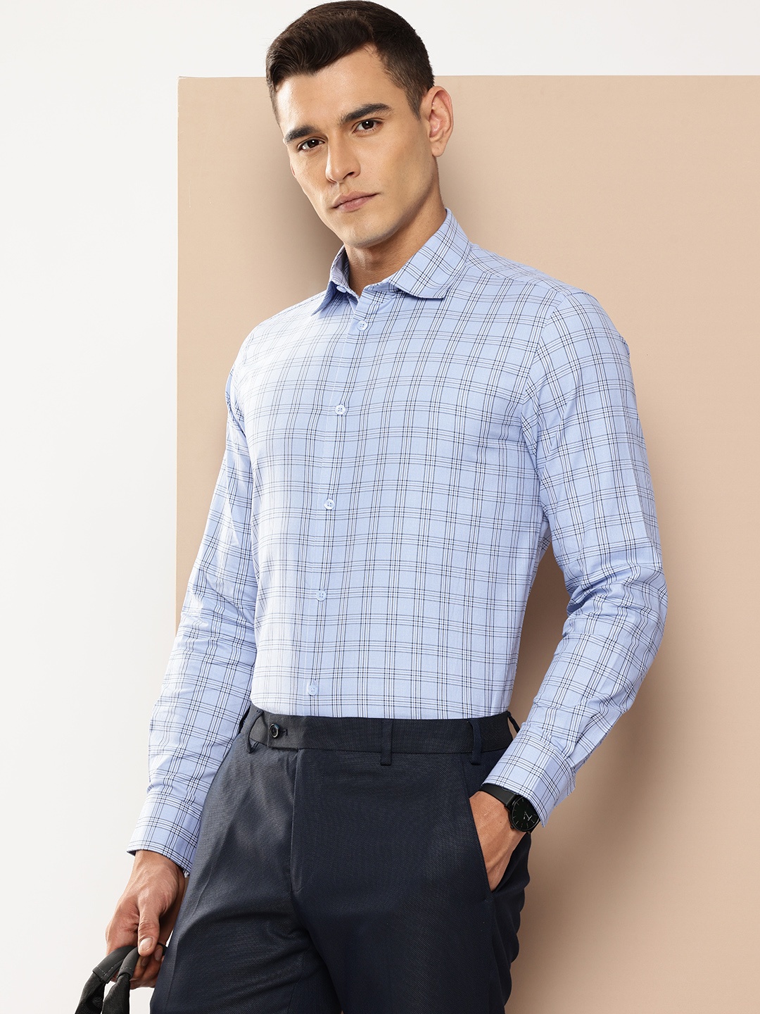 

INVICTUS Pure Cotton Slim Fit Checked Formal Shirt, Blue