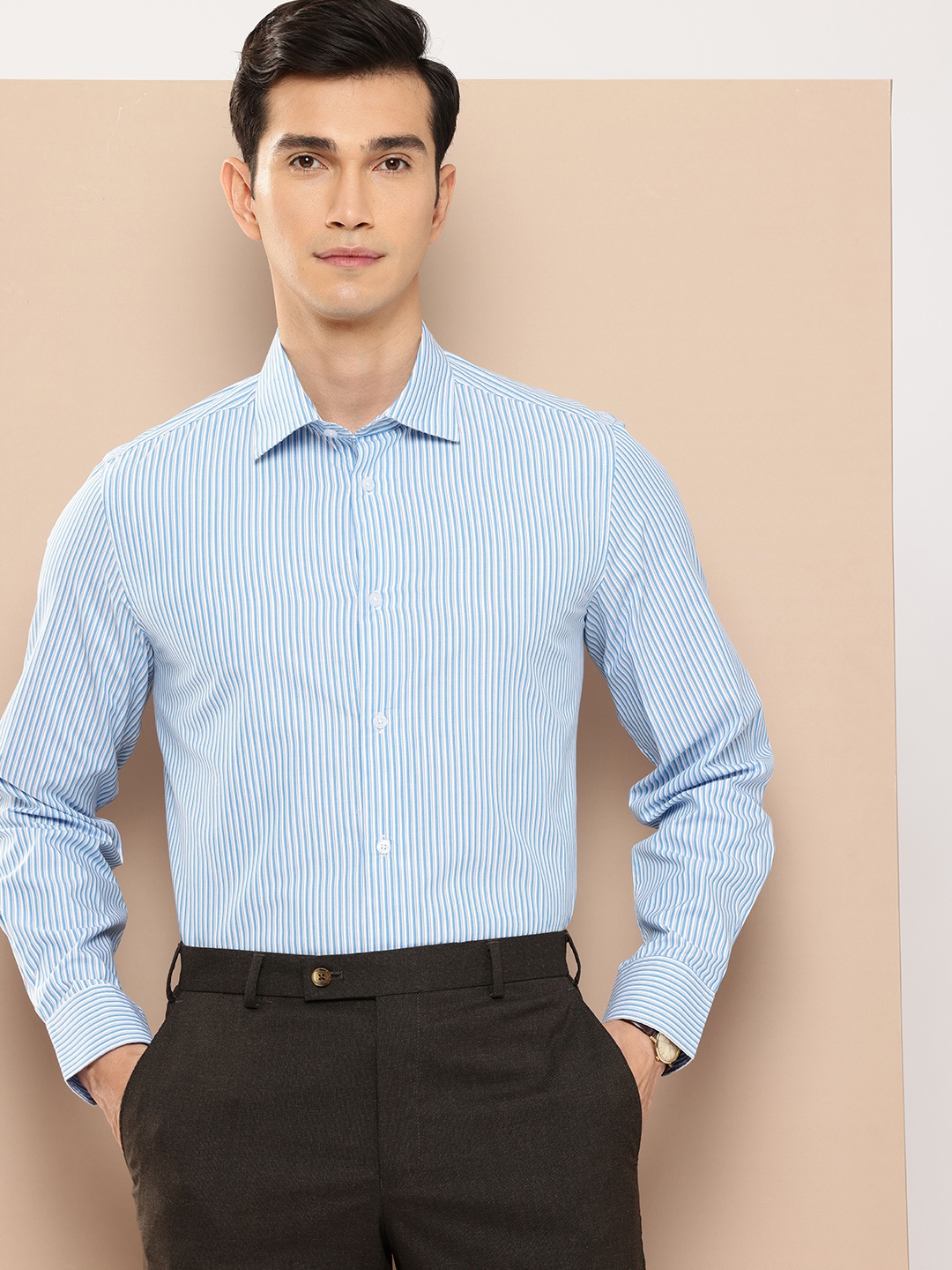 

INVICTUS Pure Cotton Slim Fit Opaque Striped Semiformal Shirt, Blue