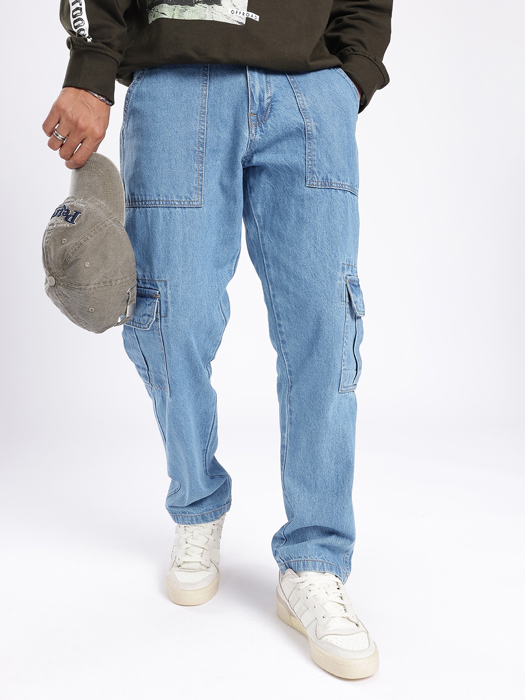 

glitchez Men Street Style Love Printed Cargo Fit Light Fade Jeans, Blue