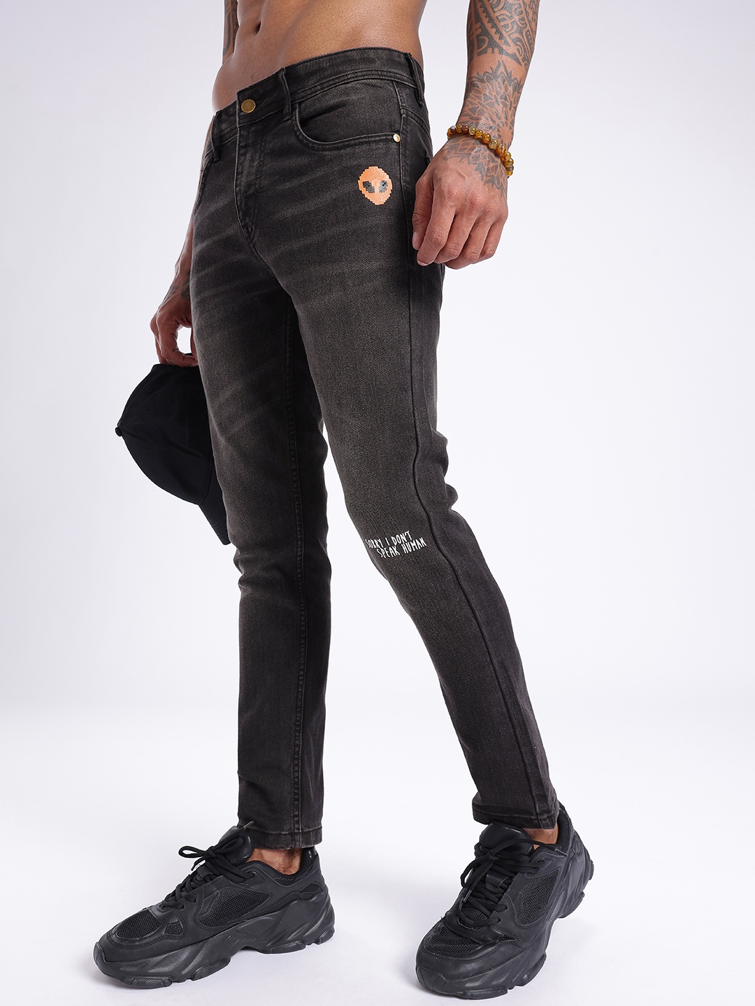 

glitchez Men Cool Edge Skinny Fit Heavy Fade Minimal Printed Jeans, Black
