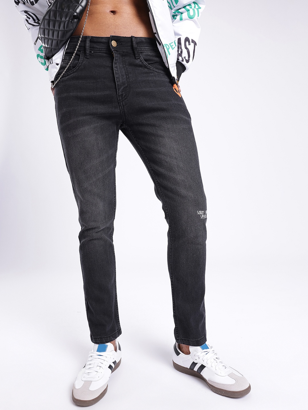 

glitchez Men Cool Swag Slim Fit Heavy Fade Minimal Print Jeans, Black
