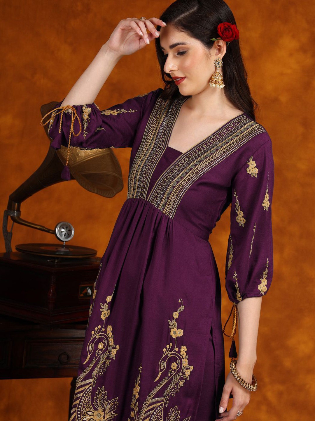 

Sangria Purple Floral Embroidered V-Neck Three-Quarter Sleeves Regular A-Line Kurta