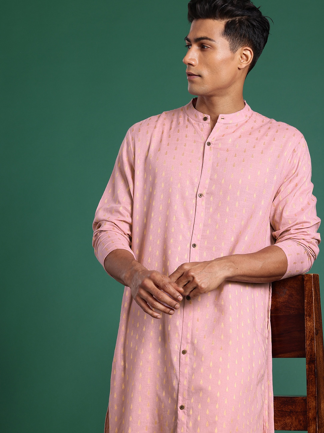 

Sangria Ethnic Motifs Woven Design Band Collar Pure Cotton Straight Kurta, Pink
