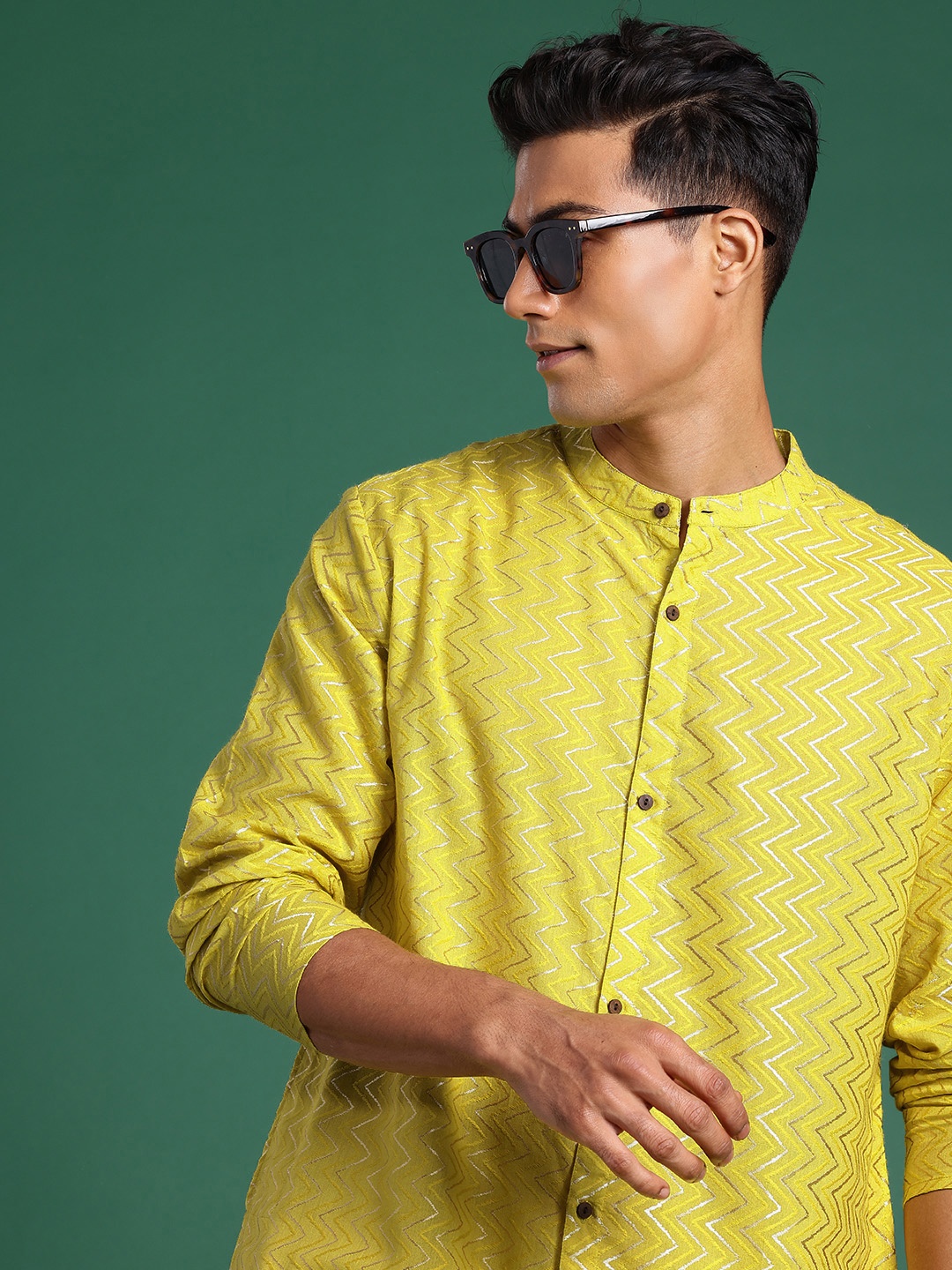 

Sangria Chevron Woven Design Band Collar Pure Cotton Straight Kurta, Lime green