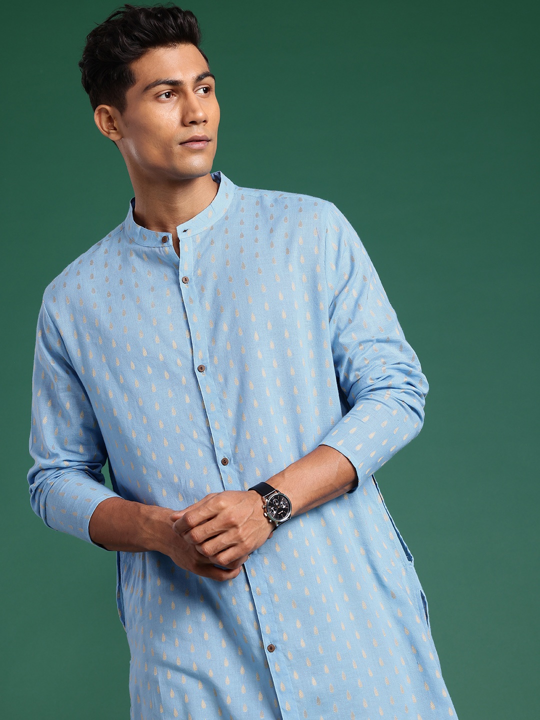 

Sangria Ethnic Motifs Woven Design Band Collar Pure Cotton Straight Kurta, Blue