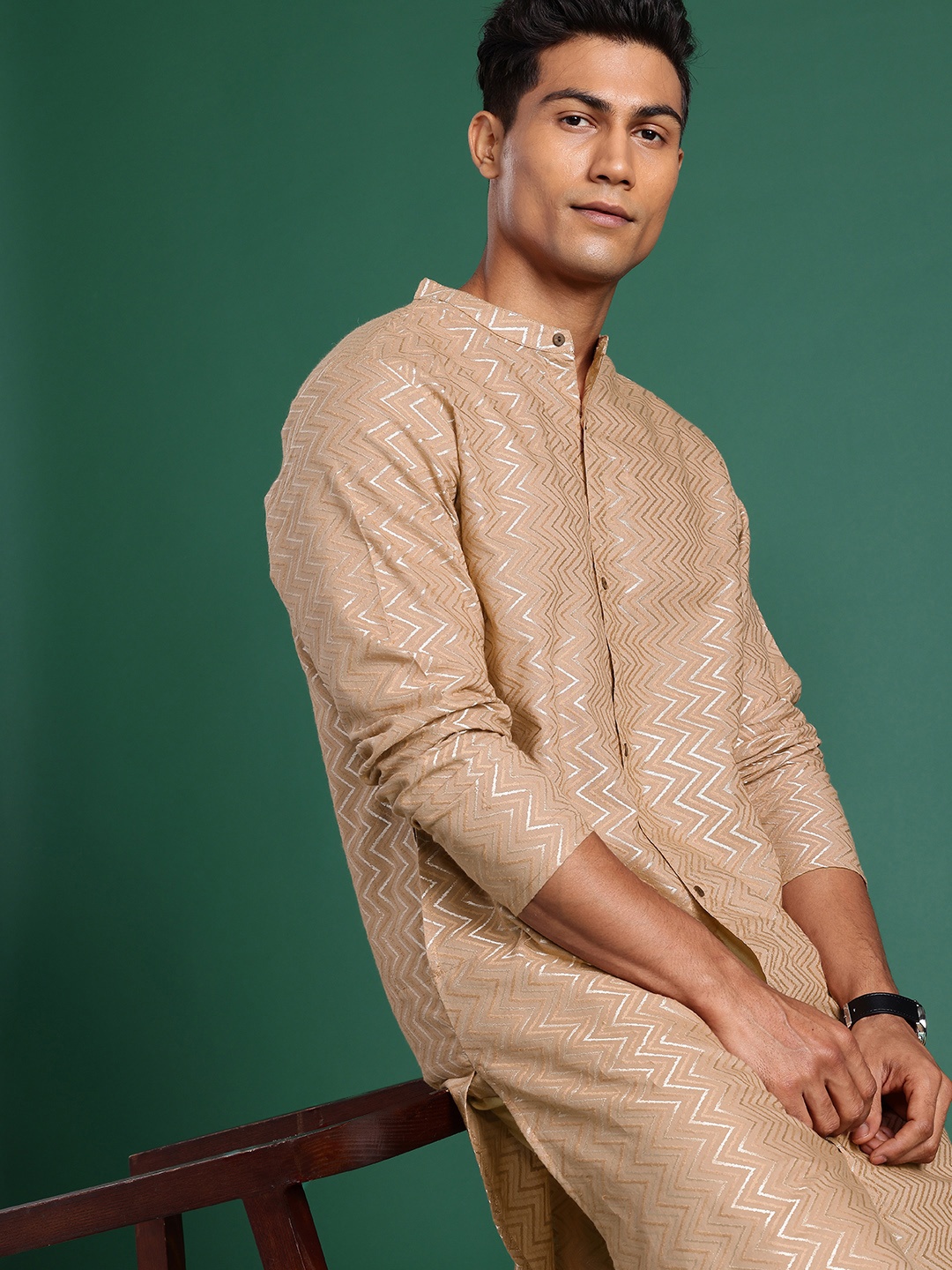 

Sangria Chevron Woven Design Band Collar Pure Cotton Straight Kurta, Beige