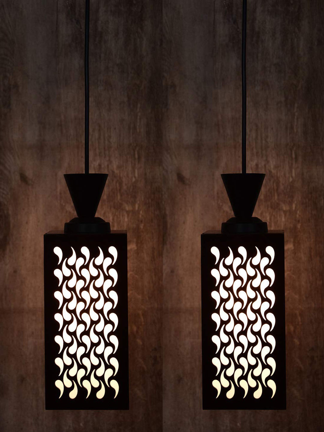 

Gojeeva Black & White 2 Pieces Textured Contemporary Wooden Rectangle Shaped Hanging Lamp