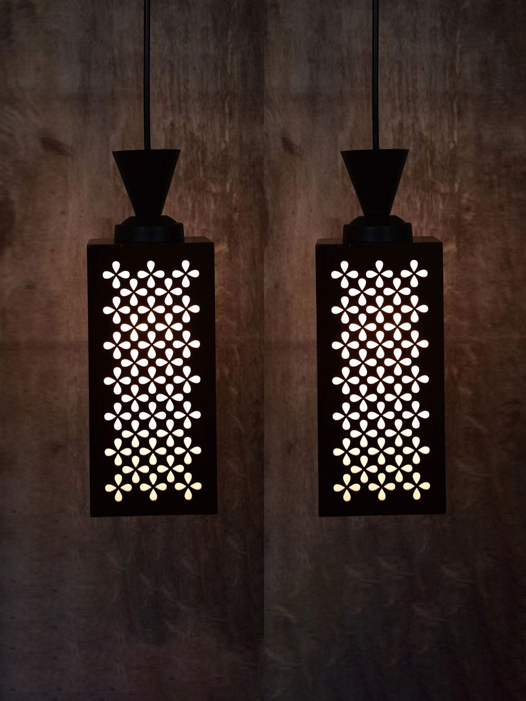 

Gojeeva Black 2 Pieces Floral Textured Rectangle Shaped Wooden Hanging Lamp