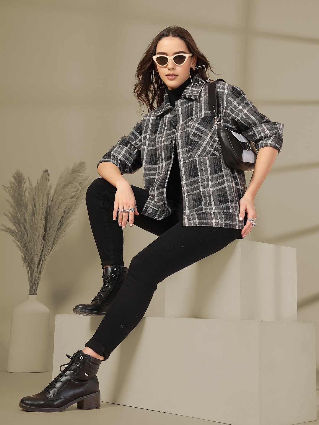 

CHKOKKO Women Winter Checked Shirt, Grey