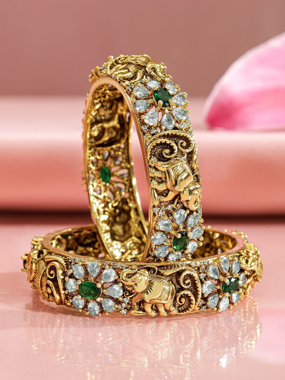 

Rubans Set of 2 24K Gold-Plated Emerald & White Cubic Zirconia Handcrafted Bangle Set