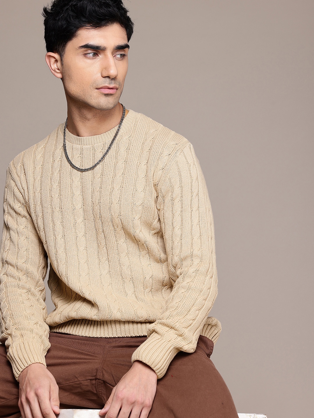 

The Roadster Lifestyle Co. Men Cable Knit Pullover, Beige