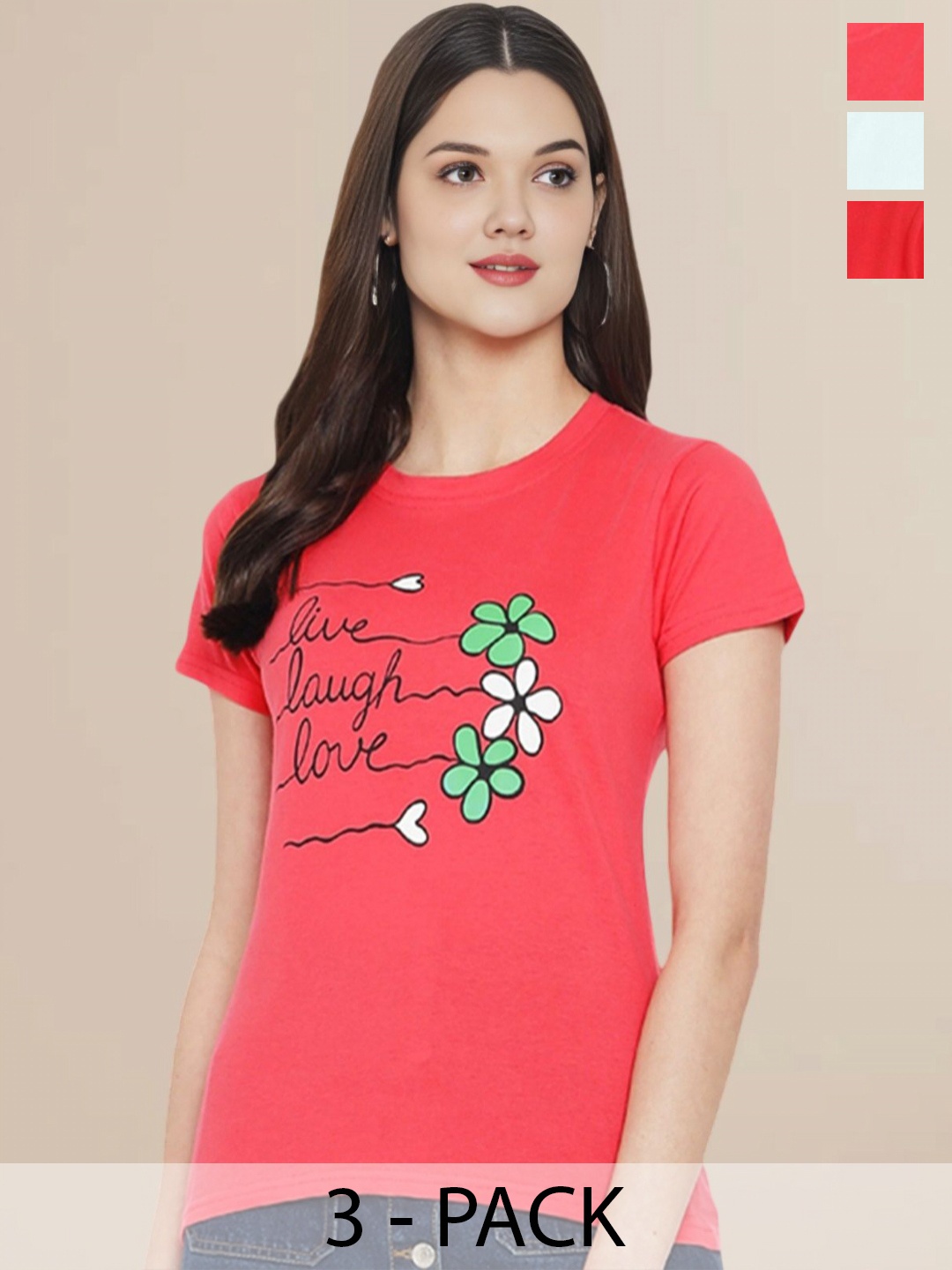 

Metronaut Women Pack Of 3 Typography Printed Round Neck Cotton T-shirts, Red
