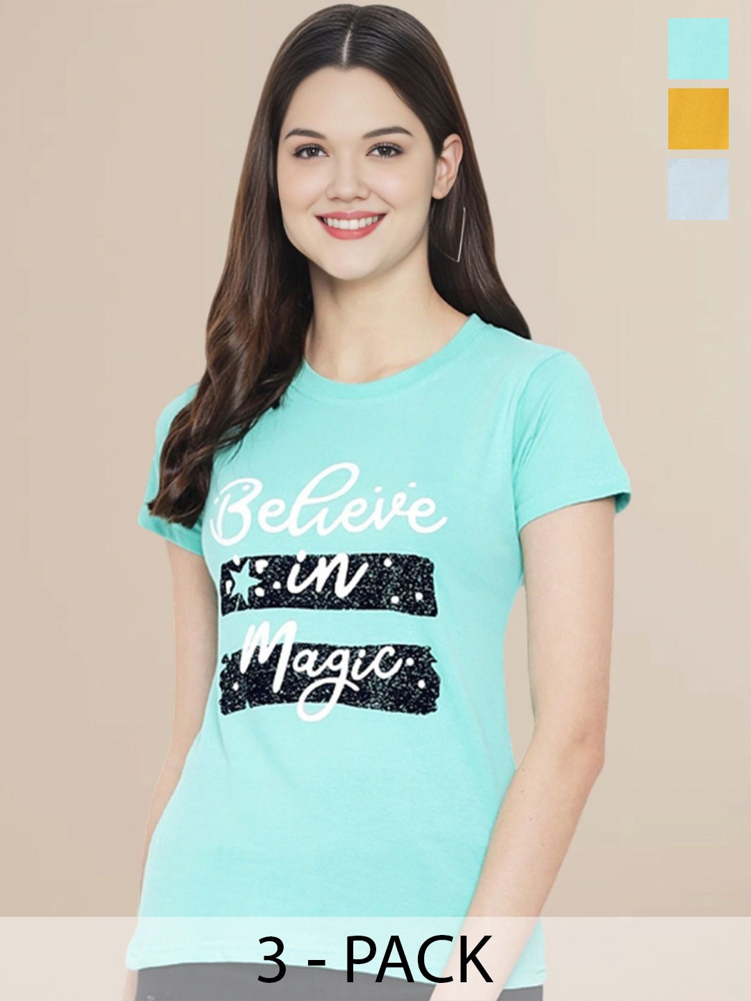 

Metronaut Women Pack Of 3 Typography Printed Round Neck Cotton Tom & Jerry T-shirts, Mustard