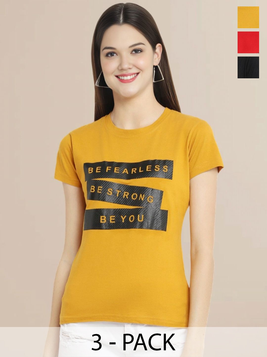 

Metronaut Women Pack Of 3 Typography Printed Round Neck Cotton T-shirts, Mustard