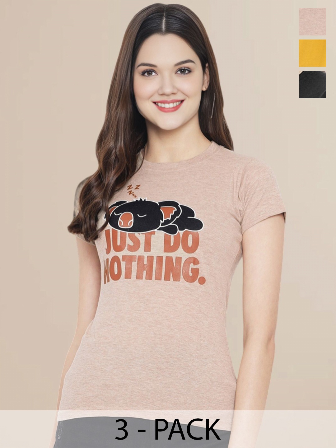 

Metronaut Women Pack Of 3 Typography Printed Round Neck Cotton T-shirts, Mustard