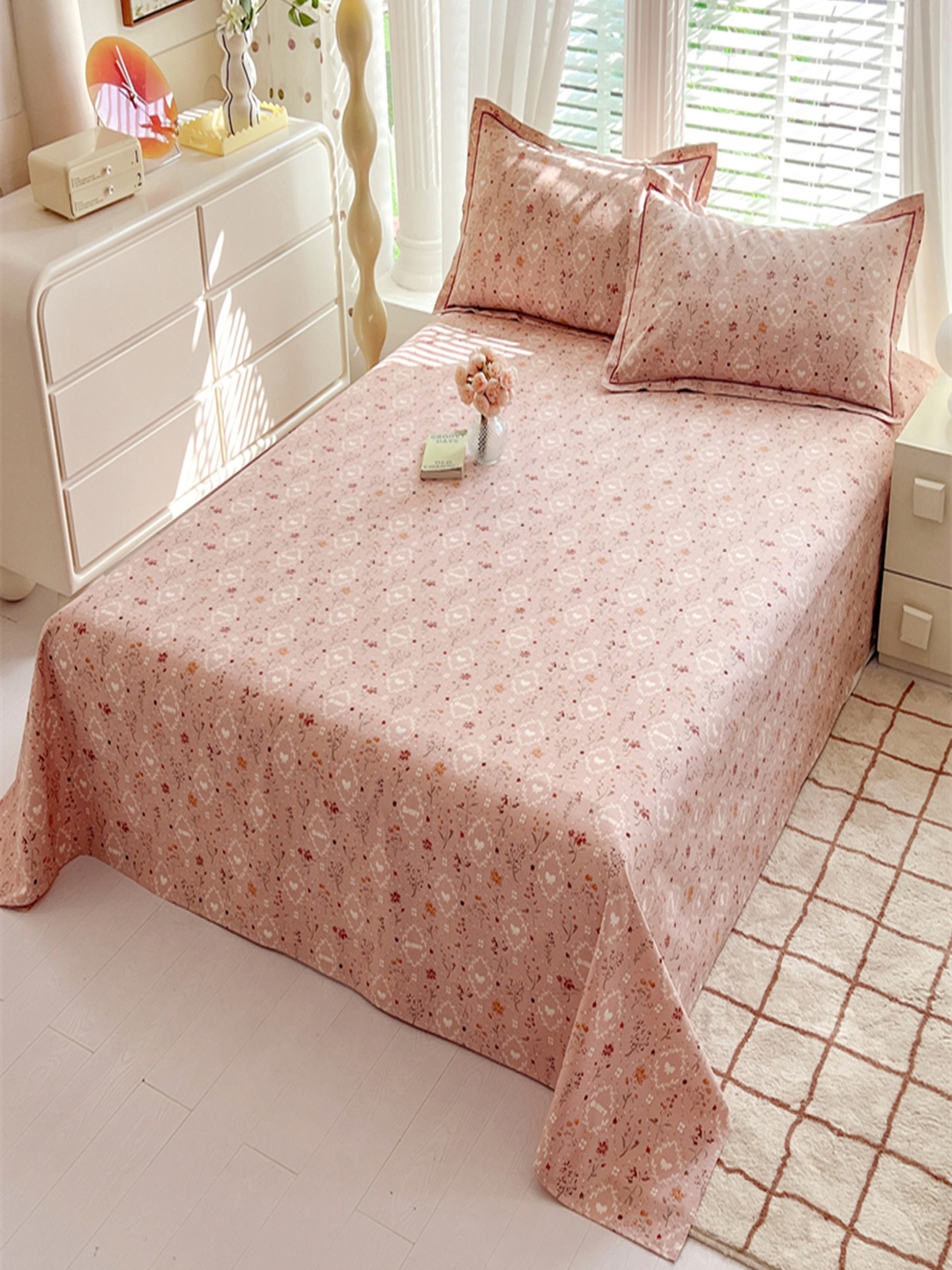 

JC HOME Pink & White Floral Printed Pure Cotton 230 TC King Bedsheet Set 2.3 x 2 m