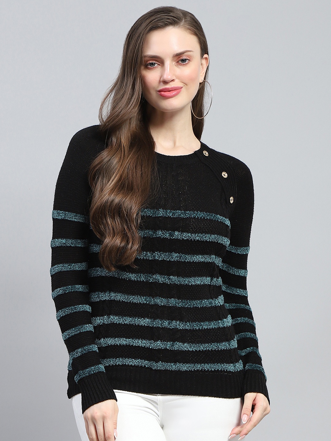 

Monte Carlo Women Striped Round Neck Long Sleeves Top, Black