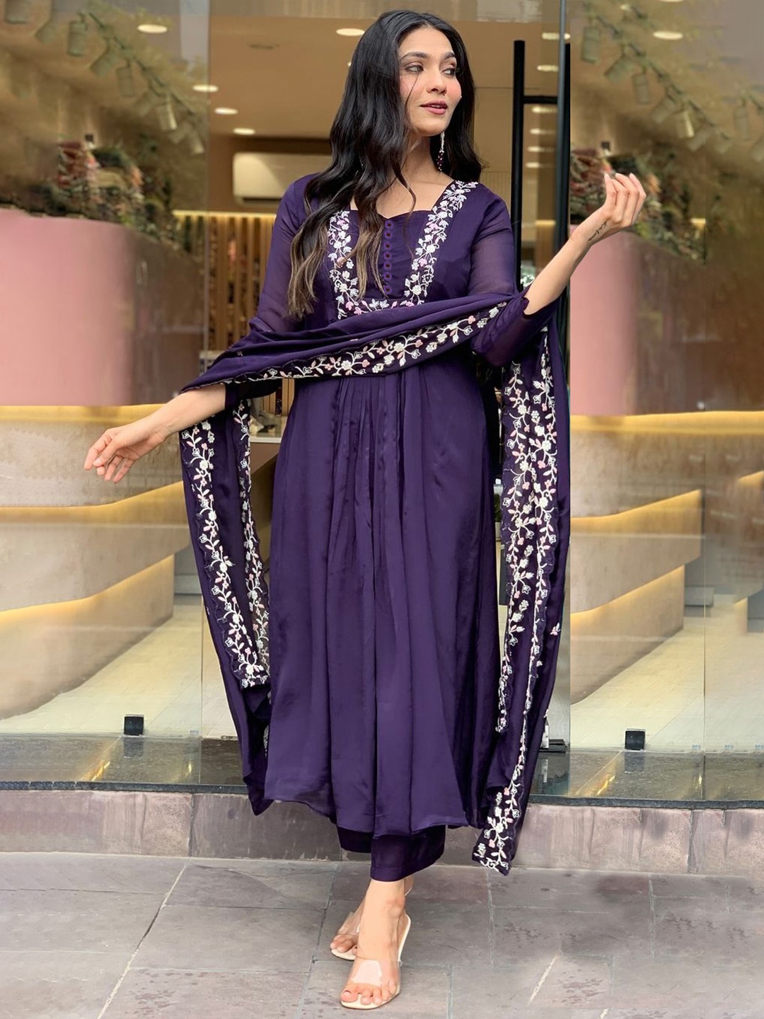 Anni Designer Floral Yoke Design Thread Work Anarkali Kurta With Palazzo & Dupatta, Purple
