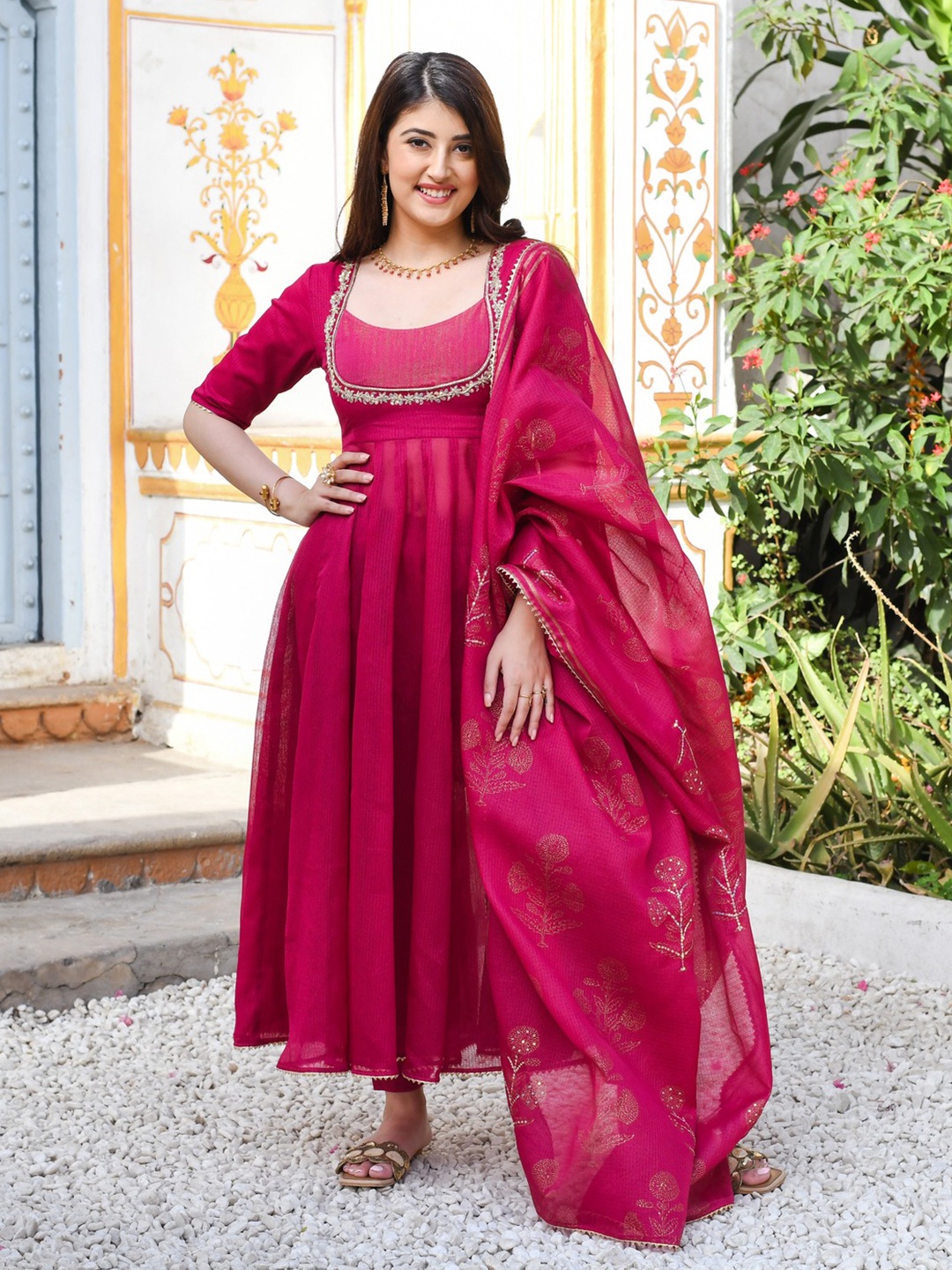 

Anni Designer Floral Embroidered Sequinned Anarkali Kurta With Trouser & Dupatta, Pink