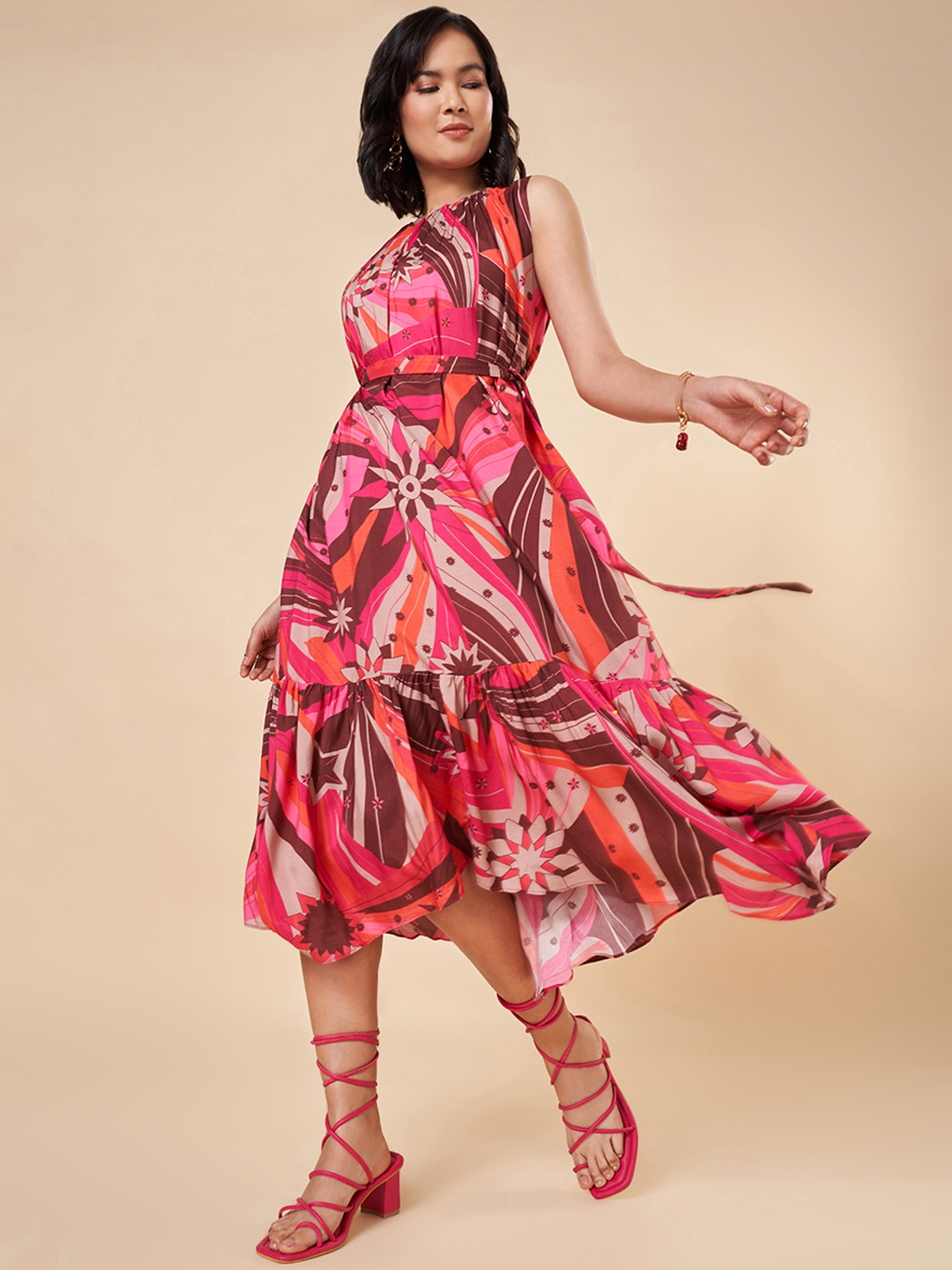 

Marigold Lane Women Fit & Flare Midi Dress With Belt, Pink
