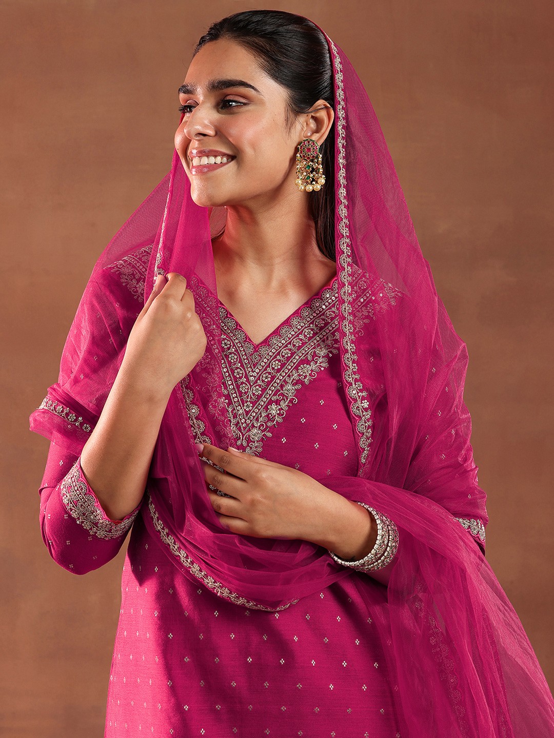 Libas Magenta Ethnic Motifs Zari Chanderi Silk A-Line Kurta With Trousers & Dupatta