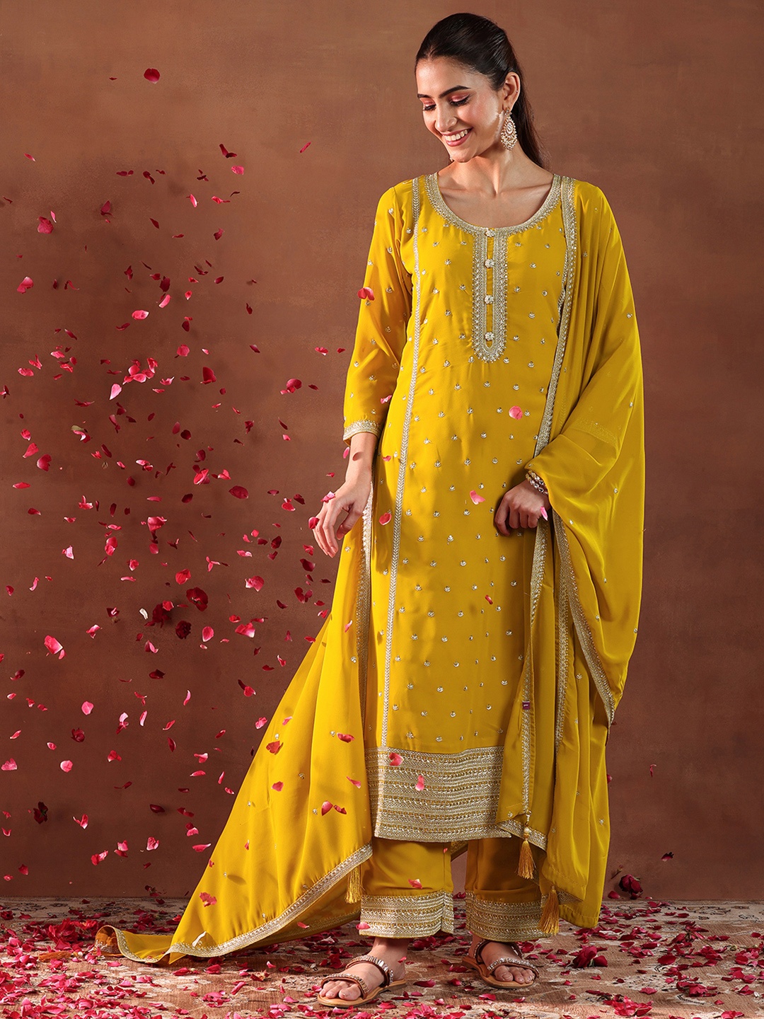 

Libas Ethnic Motifs Embroidered Sequinned Georgette Straight Kurta with Palazzos & Dupatta, Mustard