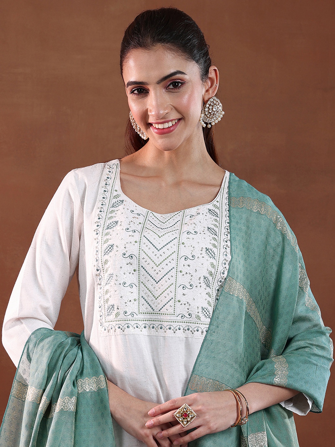 

Libas Ethnic Motifs Yoke Design Sequinned Straight Kurta with Trousers & Dupatta, Off white